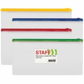 Папка-конверт на молнии STAFF, 255*130мм, 0,12мм, с карманом для визиток, прозрачная, ассорти, 229549