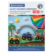 Картон цветной A4 12 цветов, BRAUBERG "Гонки", мелованный, 129916