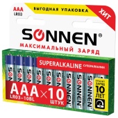 Батарейка AAA (LR03) (мизинчик.) SONNEN, 10шт/упак, Super Alkaline, в коробке, 454232