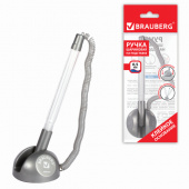 Ручка шариковая настольная на пружинке BRAUBERG, серебрстый корпус, синяя, линия письма 0,5мм, 142164