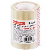 Клейкая лента BRAUBERG 19мм*33м, 4шт/упак, прозрачная, 228762