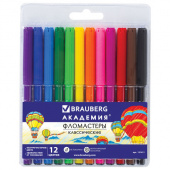Фломастеры 12 цветов BRAUBERG "Академия", вентилируемый колпачок, ПВХ упаковка, 151411