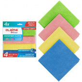 Салфетка микрофибра 30*30см, 4шт/упак, ассорти, 280г/м2, инд. упак, LAIMA, 607792