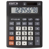 Калькулятор STAFF 8-разрядов, STF-222, настольный, 2-е питание, 138*103мм, черный, 250418
