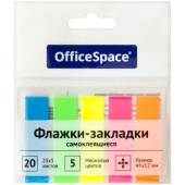 Закладка клеевой край, пластик, 12*45, неон, 20л х 5цв., OfficeSpace, 255248